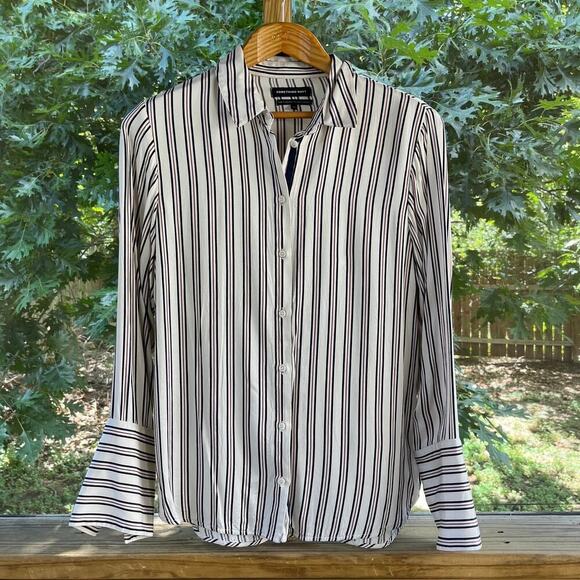 Something Navy Women's Striped Button Down Blouse Oversized Cuffs Size XS. - Picture 1 of 9